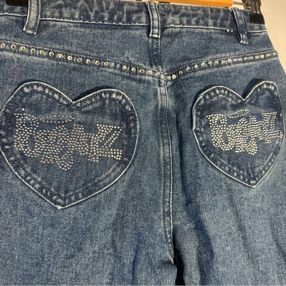 Dolls Kill x Bratz Jeans Size S Cropped Blue Raw Hem Y2K Rhinestone Heart EUC